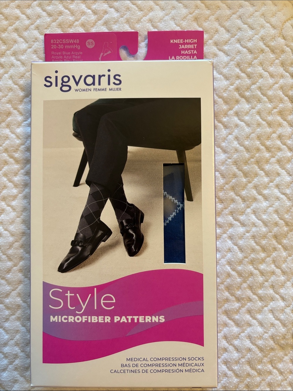 Sigvaris Style Knee-High Microfiber Argyle Compression Socks - Royal Blue